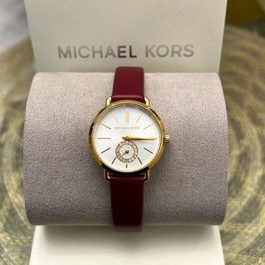 Michael Kors Women's Petite Portia 3-Hand Merlot Leather Watch